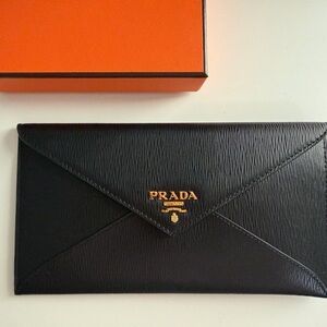 Prada Black Leather Envelope Wallet with Gold Logo Accent
